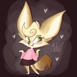  1:1 2015 abstract_background anthro biped bottomwear canid canine clothed clothing female fennec_fox fox fur green_eyes heart_symbol hi_res long_ears mammal mitzi_(characters) mitzi_(nini) nini_(artist) shadow shirt simple_background skirt solo standing tan_body tan_fur topwear true_fox 