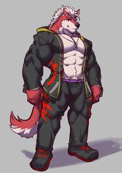  2018 abs alternate_version_at_source anthro biceps black_nose canid canine clothed clothing digital_media_(artwork) fur hi_res istani male mammal muscular muscular_anthro muscular_male open_clothing open_shirt open_topwear pecs shirt simple_background smile solo topwear 