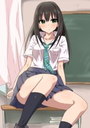  black_hair black_socks blush commentary_request desk dress_shirt earrings female green_eyes idolmaster idolmaster_cinderella_girls jewelry kneehighs long_hair long_legs necklace necktie on_desk school_desk school_uniform senshiya shibuya_rin shirt short_sleeves sitting skirt socks solo 