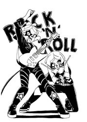  2girls arm_up artist_request barbara_parker bare_shoulders belt boots cable commentary crossed_arms drumsticks electric_guitar english_text facepaint full_body greyscale guitar hands_up hanna_england high_contrast holding holding_instrument instrument jacket kiss_(rock_band) knee_boots legs_apart lipstick little_witch_academia long_hair long_sleeves looking_at_viewer makeup monochrome multiple_girls on_one_knee open_mouth pants pantyhose plectrum pose print_footwear rock_(music) shoes simple_background standing star_(symbol) star_print striped_clothes striped_pantyhose tongue tongue_out vest white_background wristband 