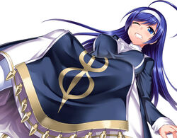  ahoge blue_eyes blue_hair breasts closed_eye distress dress female hairband huge_ahoge long_hair looking_at_viewer misao_(kami_no_misoshiru) orie_(under_night_in-birth) simple_background sitting solo teeth under_night_in-birth white_background 