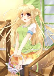  absurdres ahoge apron ass_visible_through_thighs bad_id bad_pixiv_id black_thighhighs blonde_hair brown_eyes female flower_basket highres long_hair looking_at_viewer moe2016 one_side_up open_mouth original panties pink_panties sarina_(motiodayo) skirt solo stairs thighhighs underwear wind wind_lift window 