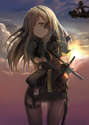  absurdres aircraft armband blurry blush brown_hair cloud commentary_request crossed_arms dog_tags dress exoskeleton female girls&#039;_frontline grey_hair gun h&amp;k_ump hair_between_eyes hair_ribbon hairband head_tilt heckler_&amp;_koch helicopter highres jacket long_hair looking_at_viewer magazine_(weapon) name_tag one_eye_closed one_side_up pantyhose rah-66_comanche ribbon septet_(zrca_janne) skindentation smile solo star-shaped_pupils star_(symbol) submachine_gun sunrise symbol-shaped_pupils thigh_strap thighs ump40_(girls&#039;_frontline) walkie-talkie weapon yellow_armband yellow_eyes 