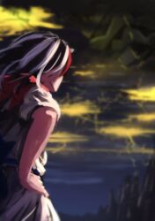  berabou black_hair blurry bow commentary_request depth_of_field dress female grey_horns hand_on_own_hip highres horns kijin_seija lightning multicolored_hair red_hair shining_needle_castle short_hair small_horns solo streaked_hair touhou white_hair 