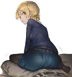  1boy :p aos ass bed bed_sheet black_pantyhose blonde_hair blue_eyes blue_skirt blue_sweater braid bulge commentary_request darjeeling_(girls_und_panzer) female from_behind frottage full_body girls_und_panzer grinding long_sleeves looking_at_viewer looking_back motion_lines on_bed pantyhose profile school_uniform short_hair simple_background sitting skirt soles solo_focus st._gloriana&#039;s_school_uniform straight sweater tongue tongue_out white_background yokozuwari 