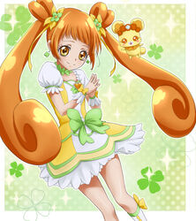  bad_id bad_pixiv_id boots bow choker clover cure_rosetta dokidoki!_precure double_bun earrings female flower four-leaf_clover hair_bun hair_flower hair_ornament hair_ribbon heart highres jewelry knee_boots long_hair looking_at_viewer magical_girl mizuha_(mzhzn) orange_eyes orange_hair own_hands_together precure rance_(dokidoki!_precure) ribbon skirt smile solo sparkle twintails wrist_cuffs yotsuba_alice 