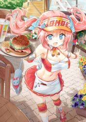  apron blue_eyes blush burger chair commentary_request detached_collar drink drinking_straw elbow_pads feline female flower flower_pot food french_fries from_above happy hat heart highres knee_pads long_hair looking_at_viewer midriff moe2016 naka_akira navel oerba_yun_fang open_mouth original pansy pink_hair pleated_skirt roller_skates skates skirt smile solo stomach table tray twintails visor_cap waist_apron waitress 