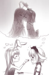  2girls absurdres animal_ears blush commentary_request cyan_aeolin erina_(rabi-ribi) feeding heart highres imagining imminent_kiss irisu_(rabi_ribi) monochrome multiple_girls playboy_bunny rabbit_ears rabbit_girl rabi-ribi yuri 