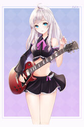  :p absurdres ahoge artist_name asymmetrical_clothes bad_id bad_pixiv_id bare_shoulders black_skirt blue_eyes blush border center_frills commentary crop_top detached_sleeves female foka_(beginner) frills gradient_background guitar highres holding instrument long_hair looking_at_viewer midriff miniskirt navel photoshop_(medium) simple_background skirt sleeves_past_wrists solo soulworker standing stella_unibell thigh_gap tongue tongue_out white_hair 