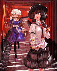  2girls armband bag black_legwear black_skirt blonde_hair book bow breasts brown_eyes brown_hair chestnut_mouth closed_eyes collared_shirt commentary_request dress fedora frilled_dress frills fushimi_inari_taisha hairbow handbag hat hat_bow holding holding_book kabaji kyoto long_hair long_sleeves looking_back maribel_hearn medium_breasts mob_cap multiple_girls multiple_torii necktie oil_painting_(medium) open_mouth painting_(medium) pantyhose path pebble pen purple_dress real_world_location ribbon road shadow shirt skirt smile sticker stone sunlight torii touhou traditional_media usami_renko walking 