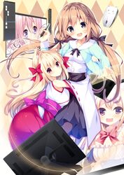  2girls :3 animal_ears argyle_background blonde_hair blush brown_hair commentary_request computer_mouse dress fox_ears gabao. hair_ornament hairpin happy highres hug japanese_clothes long_hair looking_at_viewer moe2016 multiple_girls original pantyhose pink_hair purple_eyes red_eyes ribbon ribbon-trimmed_sleeves ribbon_trim twintails 