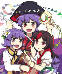  3girls bad_id bad_pixiv_id biwa_lute black_hair bowl bowl_hat flower grey_eyes hair_flower hair_ornament hat instrument kijin_seija long_hair lute_(instrument) mallet miracle_mallet multicolored_hair multiple_girls open_mouth pink_eyes ponytail purple_hair red_hair short_hair skirt smile sukuna_shinmyoumaru takezaka_tarou touhou tsukumo_benben 