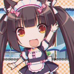  :3 :d animal_ears animated animated black_hair brown_eyes cat_ears cat_tail checkered_background chocola_(nekopara) chromatic_aberration female gif_artifacts hair_ornament long_hair lowres maid maid_headdress nekopara open_mouth sayori_(neko_works) sky smile solo tail twintails umbrella waving 