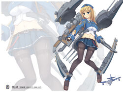  aiguillette aircraft airplane belt beret black_gloves black_pantyhose blonde_hair blue_eyes blue_hat blue_jacket blue_skirt blush breasts brown_footwear buttons cannon character_name collared_shirt commentary_request cropped_jacket dagger dated double-breasted dress_shirt eyebrows female fingerless_gloves flight_deck gloves hair_ornament hat highres holding jacket knife large_breasts long_hair long_sleeves machinery midriff military military_uniform miniskirt navel original pantyhose personification pleated_skirt shirt shoes skirt sleeves_rolled_up solo srwsrx_(gp03dsrx) stomach thighband_pantyhose turret uniform uss_iowa_(bb-61) weapon zoom_layer 