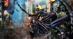  animal_ears ass building car cat_ears celty_sturluson city durarara!! female helmet high_heels latex mcdonalds motor_vehicle motorcycle_helmet robocop scythe skin_tight solo street 