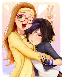  2girls big_hero_6 black_hair blush brown_eyes brown_hair cardigan commentary_request cropped_jacket eyeshadow fingerless_gloves glasses gloves gogo_tomago hairband height_difference honey_lemon hug kiri_futoshi lipstick long_hair makeup multicolored_hair multiple_girls one_eye_closed pink-framed_eyewear purple_hair short_hair v wristband 