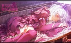  barasuishou blurry boots commentary_request copyright_name crystal depth_of_field dress female flower hair_ornament high_heel_boots high_heels in_container light_particles lolita_fashion long_hair long_sleeves lying misaki_(kyal_001) on_side photoshop_(medium) pink_dress purple_footwear rose rozen_maiden smile solo white_hair yellow_eyes 