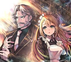  1boy bad_id bad_pixiv_id beard black_shirt black_suit blonde_hair blue_eyes breasts butler commentary_request facial_hair female formal fujimaru_(green_sparrow) gloves grey_eyes half_gloves long_hair maid medium_breasts moustache necktie open_mouth overlord_(maruyama) sebas_tian shirt short_hair silver_hair suit tsuareninya_veyron white_gloves 