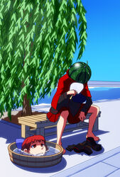  barefoot bench blue_sky bow bucket cape commentary_request day disembodied_head female food fruit hairbow hand_fan highres hot in_bucket in_container kansuke_(bubuduke) long_sleeves paper_fan photoshop_(medium) red_eyes red_hair role_reversal sekibanki shirt shoes sitting skirt sky solo sweat touhou tree uchiwa unworn_shoes unworn_socks washbowl water watermelon willow 