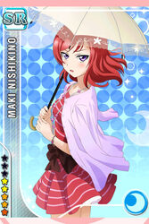  artist_request card_(medium) character_name female jewelry love_live! love_live!_school_idol_festival love_live!_school_idol_project medium_hair necklace nishikino_maki official_art petticoat photoshop_(medium) purple_eyes red_hair slip_showing solo star_(symbol) striped umbrella 