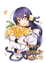  birthday blue_hair bouquet character_name choker commentary_request dated detached_sleeves english_text female flower hair_flower hair_ornament hairband happy_birthday long_hair looking_at_viewer love_live! love_live!_school_idol_project misora_deco petals solo sonoda_umi wristband yellow_eyes 