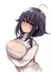  ahoge bad_id bad_pixiv_id breasts cleavage cleavage_cutout clothing_cutout cucurbita female huge_breasts kantai_collection long_hair meme_attire open-chest_sweater purple_hair red_eyes ribbed_sweater smile solo sweater taigei_(kancolle) turtleneck twintails 