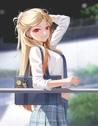  amco arm_behind_head badge bag barbell_piercing blonde_hair blue_skirt blurry blurry_background breasts button_badge charm_(object) ear_piercing earrings female from_side grin gyaru highres holding holding_own_hair jewelry kitagawa_marin long_hair long_sleeves looking_at_viewer looking_to_the_side midriff_peek nail_polish necktie nikaidou_shion outdoors piercing pink_nails plaid plaid_skirt pleated_skirt railing red_eyes school_bag school_uniform shirt skirt smile solo sono_bisque_doll_wa_koi_wo_suru straight_hair tied_shirt white_shirt 