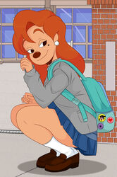  2022 absurd_res anthro backpack bottomwear clothing crouching disney ear_piercing ear_ring female goof_troop hi_res lidded_eyes looking_back mammal piercing plantigrade ring_piercing roxanne_(goof_troop) school_uniform skirt smile solo sonson-sensei uniform 