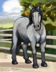  art_fight black_hair draft_horse equid equine fence feral grass grey_body grey_eyes hair hi_res horse male mammal outside plant signature solo standing trail tree wolfywetfurr_(artist) 