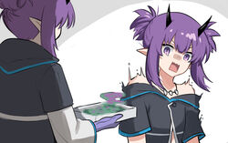  2girls arknights bad_food bare_shoulders black_shirt censored censored_food commentary_request food hibiscus_(arknights) highres holding holding_food horns lava_(arknights) long_sleeves looking_at_viewer mabing multiple_girls off-shoulder_shirt off_shoulder open_mouth pointy_ears purple_eyes purple_hair shirt short_hair short_sleeves siblings sidelocks sisters twintails upper_body white_background 