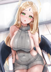  absurdres alternate_costume ayumu_(blue_archive) black_wings blonde_hair blue_archive blush breasts collarbone covered_navel english_commentary facial_mark feathered_wings female fluffyebi01 grey_sweater halo head_tilt highres large_breasts looking_at_viewer meme_attire on_chair parted_bangs sideboob sideless_outfit sitting solo sweater twitter_username virgin_killer_sweater wings 