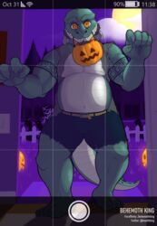  absurd_res anthro background_character basket belly big_belly bottomwear building cellphone claws clothing container costume crocodilian denim denim_bottomwear denim_clothing detailed_background digital_media_(artwork) digital_painting_(artwork) door electronics fangs frankenstein full_moon group halloween halloween_costume hi_res holding_object holidays house jack-o&#039;-lantern jeans looking_at_viewer male moon mothyking musclegut muscular muscular_male night pants phone phone_camera photo reptile scales scalie smile tattoo teeth torfi torn_bottomwear torn_clothing torn_jeans torn_pants trick_or_treat 