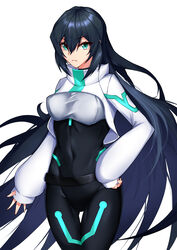  absurdres black_bodysuit bodysuit breasts clenched_hand covered_navel female frown green_eyes gundam gundam_build_divers gundam_build_divers_re:rise hair_between_eyes highres kurosaki_saya long_hair may_(gundam_build_divers_re:rise) medium_breasts open_hand shrug_(clothing) sleeves_past_wrists solo thigh_gap variant_set very_long_hair white_background 