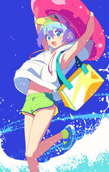  1boy bag bikini bikini_under_clothes blue_eyes blue_footwear blue_hair blue_sky crossdressing day green_shorts green_socks hair_between_eyes hair_intakes highres hood hood_down hoodie innertube male_focus navel open_mouth original otoko_no_ko shoes shorts side-tie_bikini_bottom sky sleeveless sleeveless_hoodie socks solo standing standing_on_one_leg swim_ring swimsuit upshorts uro_(urotanc) visor_cap water water_drop white_hoodie 