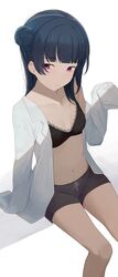  black_bra black_shorts blue_hair blunt_bangs blush bow_shorts bra breasts closed_mouth commentary dark_blue_hair female hair_bun highres hiroki_(yyqw7151) long_hair long_sleeves looking_at_viewer love_live! love_live!_sunshine!! navel off_shoulder open_clothes open_shirt purple_eyes shirt shorts simple_background single_hair_bun sitting sleeves_past_fingers sleeves_past_wrists small_breasts solo thighs tsushima_yoshiko underwear white_background white_shirt 