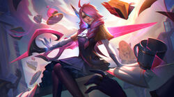  2girls absurdres ahoge arm_support ascot battle_academia_(league_of_legends) black_thighhighs blonde_hair braid dress drill_hair floating gloves grey_dress gwen_(league_of_legends) hair_ornament hair_over_one_eye hair_over_shoulder highres holding holding_scissors league_of_legends long_hair multiple_girls oversized_object pantyhose pink_hair scissors sitting smile solo_focus thighhighs twin_braids twin_drills vincent_t_(oriaarts) white_ascot white_gloves 