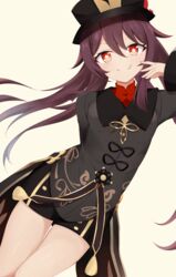  :p absurdres black_headwear black_shorts brown_hair chinese_clothes day_mello female flower genshin_impact highres hu_tao_(genshin_impact) long_hair long_sleeves looking_at_viewer plum_blossoms red_eyes shorts smile solo tongue tongue_out twintails 