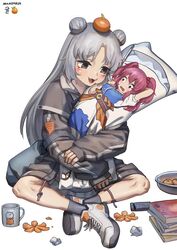  arm_behind_head arm_up belt blush breasts brown_eyes cheek_squash crossed_ankles d: dakimakura_(object) double_bun female food food_on_head fruit fruit_on_head full_body grey_hair hair_bobbles hair_bun hair_ornament highres indian_style jacket korean_commentary long_hair looking_at_another mandarin_orange medium_breasts object_on_head onozuka_komachi original pillow puffy_short_sleeves puffy_sleeves rbfnrbf_(mandarin) red_eyes red_hair sanpaku scythe short_sleeves simple_background sitting sleeves_past_wrists solo touhou two_side_up very_long_hair white_background wide-eyed 