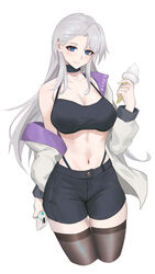  a-soul absurdres bare_shoulders black_choker black_thighhighs blue_eyes breasts character_name choker cleavage closed_mouth cola-alter collarbone commentary_request cowboy_shot eileen_(a-soul) eyelashes female food forehead hand_up highres holding holding_food ice_cream ice_cream_cone jacket large_breasts long_hair long_sleeves navel off_shoulder short_shorts shorts simple_background smile solo thigh_gap thighhighs virtual_youtuber white_background white_hair 