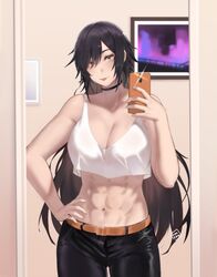  abs artist_name bare_shoulders belt black_choker black_pants borrowed_character breasts brown_hair cellphone choker cleavage closed_mouth commentary commission crop_top english_commentary female hair_over_one_eye hand_on_own_hip highres holding holding_phone hunyan indoors long_hair looking_at_viewer mirror muscular muscular_female navel original pants phone picture_frame selfie sera_(judgemint) shirt solo stomach tongue tongue_out white_shirt 