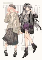  2girls absurdres akemi_homura bag black_coat black_footwear black_hair black_hairband black_headwear black_skirt boots bow braid brown_jacket character_name chinese_commentary coat commentary_request full_body fur-trimmed_jacket fur_trim glasses grey_legwear grey_shirt grey_sweater hairband hairbow hand_up highres jacket jewelry kaname_madoka long_hair long_sleeves looking_at_viewer mahou_shoujo_madoka_magica mahou_shoujo_madoka_magica_(anime) multiple_girls necklace open_mouth parted_lips pink_bow pink_eyes pink_hair purple_eyes purple_skirt rin_lingsong scarf semi-rimless_eyewear shirt shoulder_bag simple_background skirt smile socks sweater twin_braids under-rim_eyewear white_background white_scarf 