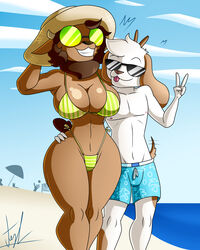  4:5 angel_(lechugansfw) anthro beach bikini bovid breasts canid canine canis caprine clothing daniel_(lechugansfw) dark_body detailed_background domestic_dog duo eyewear female freckled_breasts freckles hat headgear headwear hi_res larger_female lechugansfw male mammal photo pose romantic romantic_couple seaside sheep size_difference sunglasses swimwear 