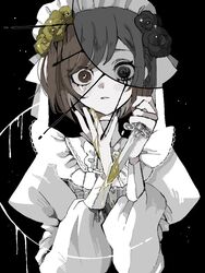  black_background black_blood black_eyes black_flower black_rose blood brown_hair crying crying_with_eyes_open female flower hair_flower hair_ornament hairband heterochromia long_sleeves multicolored_eyes parted_lips project_sekai rose shinonome_ena shirt short_hair solo tabun_ningen tears teeth white_hairband white_shirt yellow_blood yellow_flower yellow_rose 