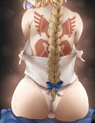  absurdres ass bababababan back back_tattoo backless_outfit bad_id bad_pixiv_id bare_shoulders blonde_hair bow braid braided_ponytail brown_background command_spell commentary fate/apocrypha fate_(series) female from_behind hairbow head_out_of_frame highres jeanne_d&#039;arc_(fate) jeanne_d&#039;arc_(girl_from_orleans)_(fate) light_particles long_hair panties photoshop_(medium) single_braid sitting solo sweat tattoo trefoil underwear very_long_hair white_panties 