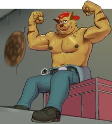  2023 anthro backwards_baseball_cap backwards_hat baseball_cap belly belt biceps bodily_fluids boots bottomwear chance_furlong clothed clothing dartboard denim denim_bottomwear denim_clothing domestic_cat felid feline felis flexing flexing_bicep flexing_both_biceps footwear hanna-barbera hat headgear headwear hi_res hunter-husky inside jeans looking_at_viewer low-angle_view male mammal manly mechanic musclegut muscular navel nipples overalls pants partially_clothed pecs pose red_baseball_cap red_clothing red_hat red_headwear sitting slightly_chubby smile solo striped_body stripes swat_kats sweat sweatdrop topless triceps 