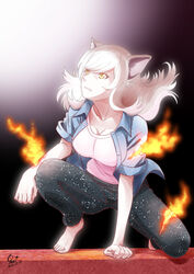  animal_ears bakemonogatari bakeneko barefoot black_hanekawa black_pants blue_jacket breasts buttons cat_ears cat_girl cleavage commentary_request eyelashes female fire full_body grey_hair hanekawa_tsubasa huumoon jacket monogatari_(series) open_clothes open_jacket pants shirt solo white_hair white_shirt yellow_eyes 