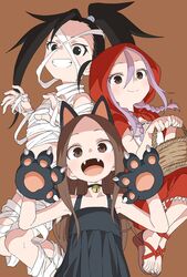  3girls :d absurdres animal_ears animal_hands basket bell black_choker black_dress black_eyes black_gloves black_hair braid brown_background brown_eyes brown_footwear brown_hair capelet cat_ears choker claw_pose closed_mouth commentary_request cosplay creator_connection crossover dress fangs gloves grin hair_between_eyes hair_over_shoulder halloween high_ponytail highres holding holding_basket hood hood_up hooded_capelet jingle_bell karakai_jouzu_no_takagi-san kunoichi_tsubaki_no_mune_no_uchi little_red_riding_hood little_red_riding_hood_(grimm) little_red_riding_hood_(grimm)_(cosplay) long_hair multiple_crossover multiple_girls mummy_costume neck_bell official_art open_mouth parted_bangs paw_gloves purple_hair red_capelet red_skirt sandals shirt simple_background skirt sleeveless sleeveless_dress smile soredemo_ayumu_wa_yosetekuru takagi-san tsubaki_(kunoichi_tsubaki_no_mune_no_uchi) twin_braids very_long_hair white_shirt yamamoto_souichirou yaotome_urushi 