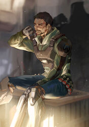  1boy achyue black_gloves blood blood_on_face blood_on_hands brown_eyes brown_hair crate different_shadow facial_hair gloves green_hoodie gun holding holding_gun holding_weapon hood hood_down hoodie looking_at_viewer male_focus outdoors overwatch overwatch_1 parted_lips reaper_(overwatch) shadow shotgun shotgun_shell sitting solo weapon 