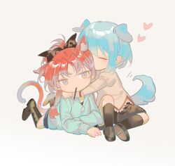  2girls absurdres animal_ears black_footwear black_legwear black_skirt blue_hair blue_hoodie boots brown_eyes brown_shirt cat_ears cat_girl cat_tail chibi chinese_commentary closed_eyes closed_mouth commentary_request dog_ears dog_girl dog_tail food food_in_mouth heart highres hood hoodie hug juliet_sleeves kneehighs long_hair long_sleeves mahou_shoujo_madoka_magica mahou_shoujo_madoka_magica_(anime) miki_sayaka mitakihara_school_uniform multiple_girls pocky puffy_sleeves red_hair rin_lingsong sakura_kyoko school_uniform shirt short_hair simple_background skirt socks tail white_background 