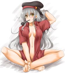  akimoto_dai barefoot breasts commentary_request convenient_leg female full_body gangut_(kancolle) gangut_dva_(kancolle) grey_hair highres indian_style kantai_collection long_hair looking_at_viewer medium_breasts no_bra open_clothes open_shirt pipe_in_mouth red_shirt scar scar_on_cheek scar_on_face shirt sitting smoking_pipe solo yellow_eyes 